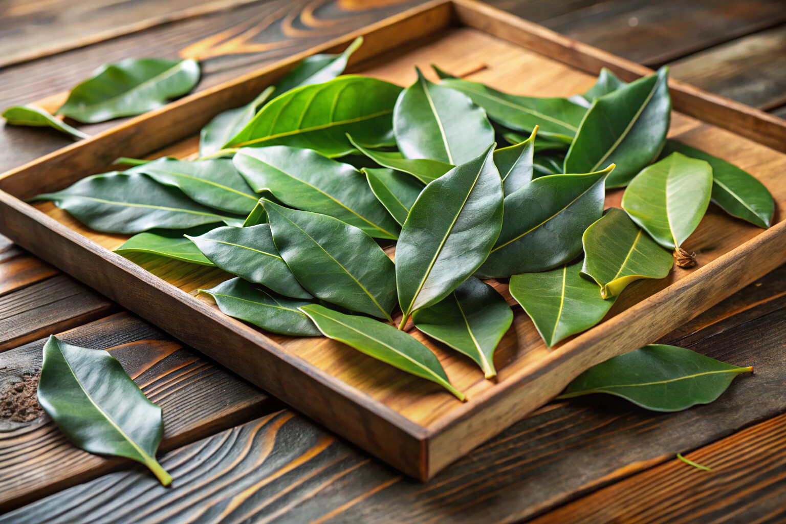 Feuilles de laurier fraîchement récoltées étalées sur un plateau en bois dans un endroit ombragé, prêtes pour le séchage à l