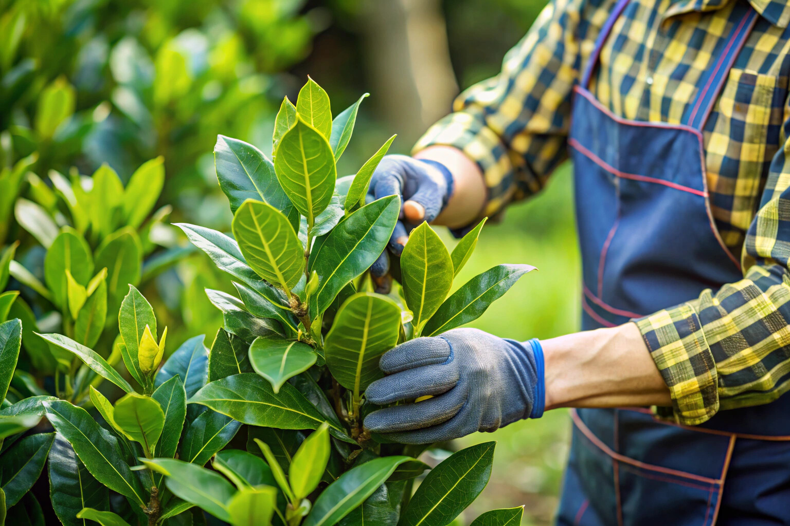 Close-up of a gardener harvesting bay leaves from a lush laurel tree, showing the glossy green leaves and careful hand placement in a natural garden setting
