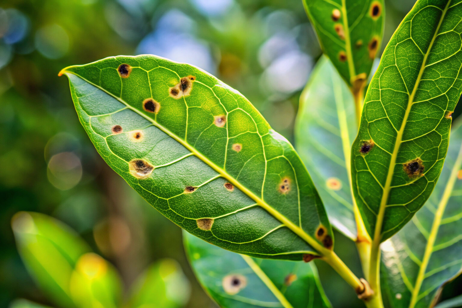 Feuille de laurier montrant des signes de dommages causés par des insectes, avec des trous irréguliers et des bords décolorés, sur un fond naturel de jardin flou