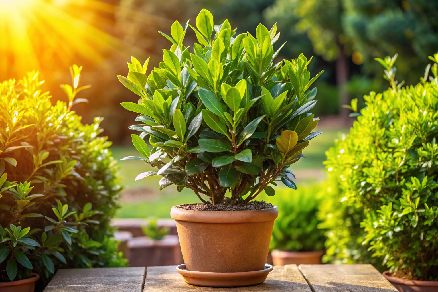 Un laurier en pot avec des feuilles vertes et brillantes, placé dans un jardin ensoleillé, sans éléments de marque ou de texte