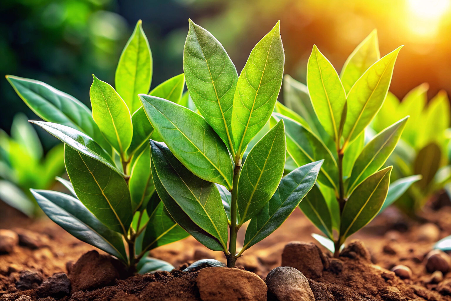 A close-up view of vibrant green laurel leaves with a textured surface, arranged naturally against a blurred background of earthy soil and sunlight filtering through, highlighting their glossy appearance and delicate veins.