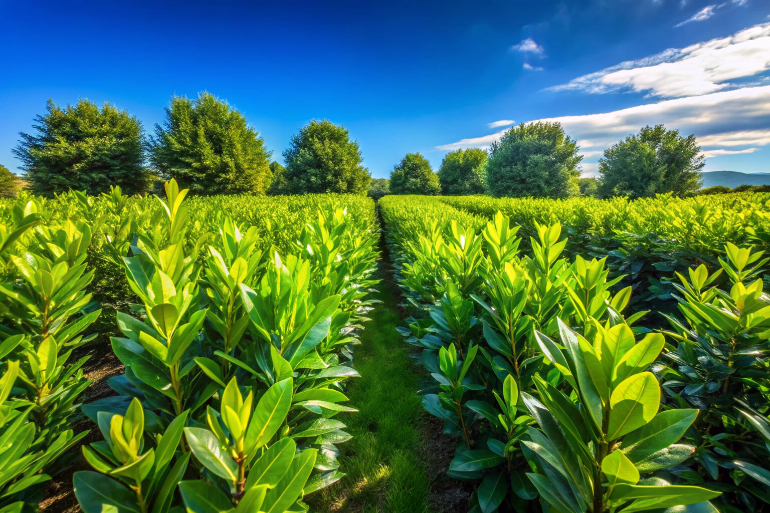Un champ de lauriers verts et luxuriants sous un ciel bleu clair, avec des rangées soignées de plantes montrant des feuilles brillantes et des branches robustes, entouré d
