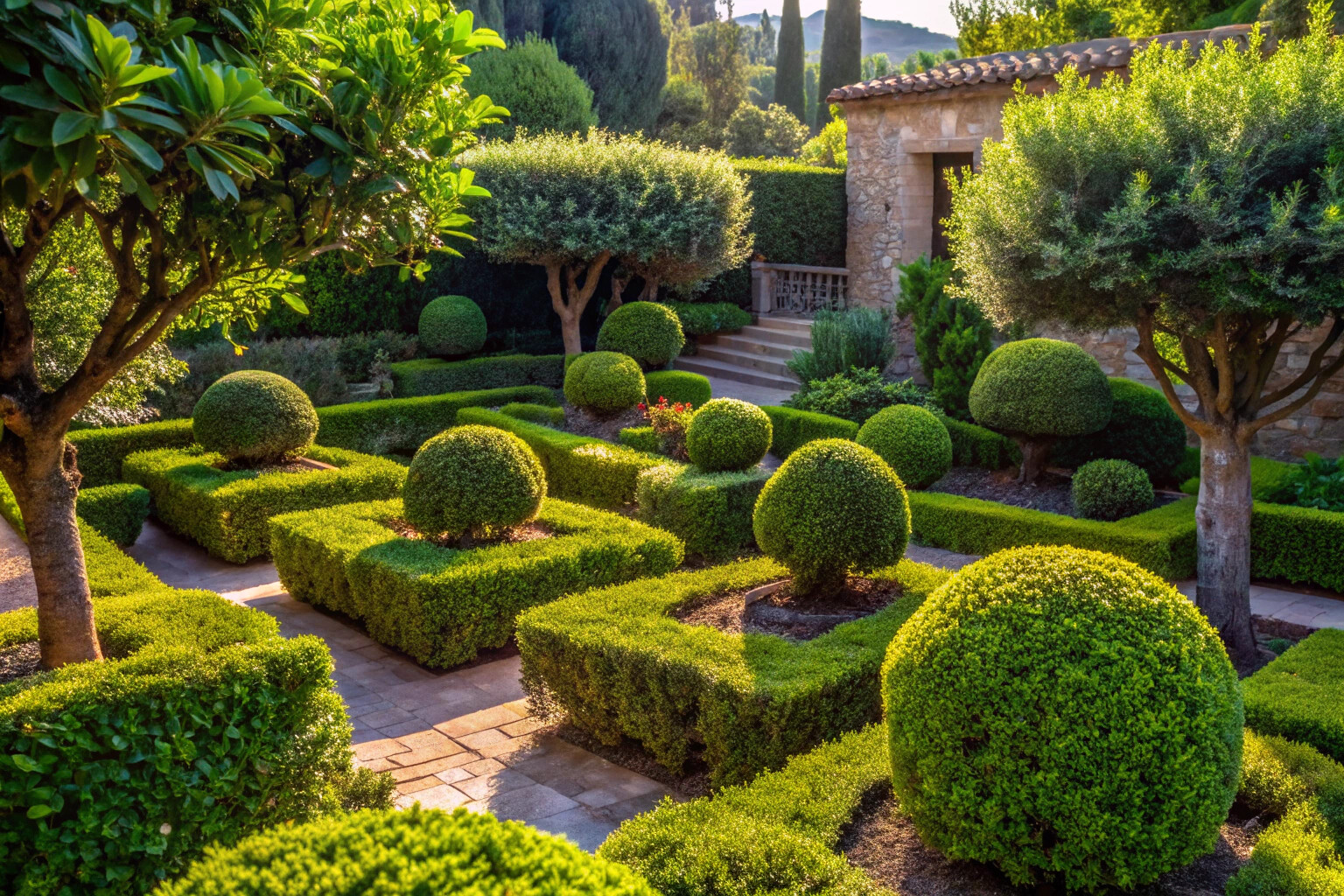 Un jardin méditerranéen bien entretenu avec des buissons de laurier aux feuilles vert foncé, baignés par la lumière douce du matin, sans aucun élément textuel ou de marque